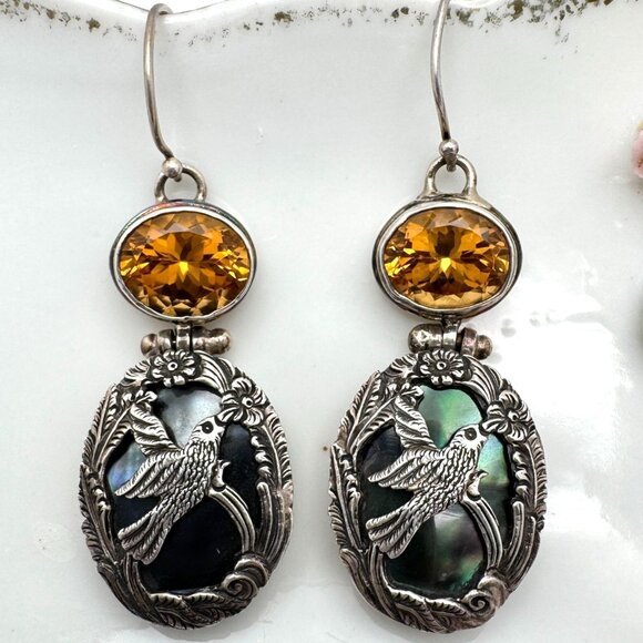 Citrine Mop Shell Sterling Silver Bird Floral Earrings Gemstone Drops 18 Grams - Picture 1 of 11